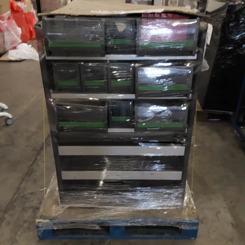 PALLET TO CONTAIN 3 X METAL WORK STORAGE RACKING WITH TUBS