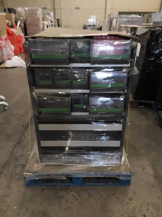 PALLET TO CONTAIN 3 X METAL WORK STORAGE RACKING WITH TUBS