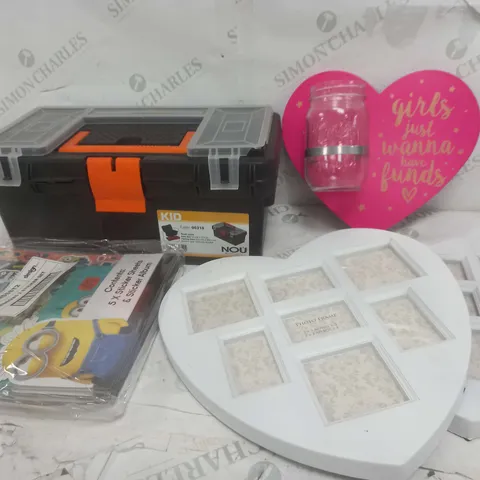 BOX OF APPROXIMATELY 15 ASSORTED ITEMS TO INCLUDE LOVE HEARTY FRAME, TOOL BOX, MINIONS STICKER SET ETC