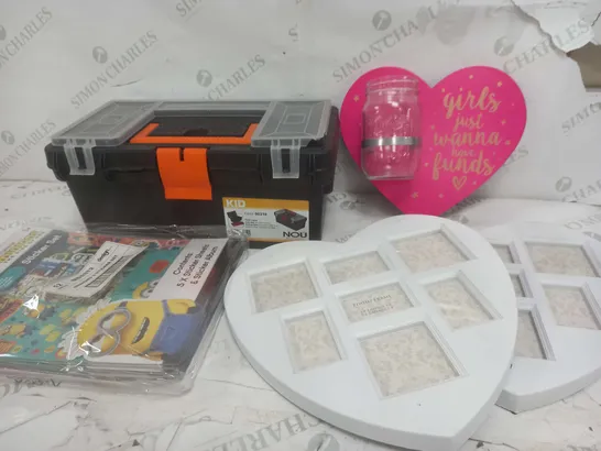 BOX OF APPROXIMATELY 15 ASSORTED ITEMS TO INCLUDE LOVE HEARTY FRAME, TOOL BOX, MINIONS STICKER SET ETC