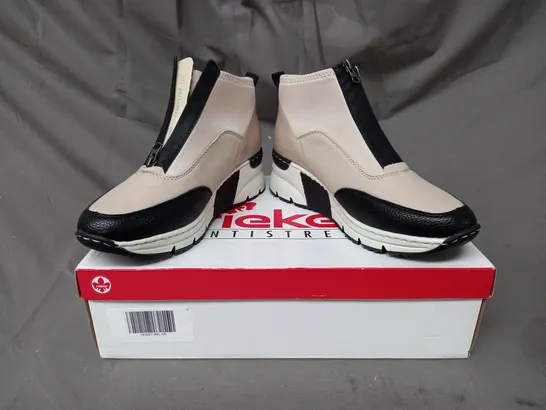 BOXED PAIR OF RIEKER HI-TOP TRAINERS IN BEIGE SIZE 6