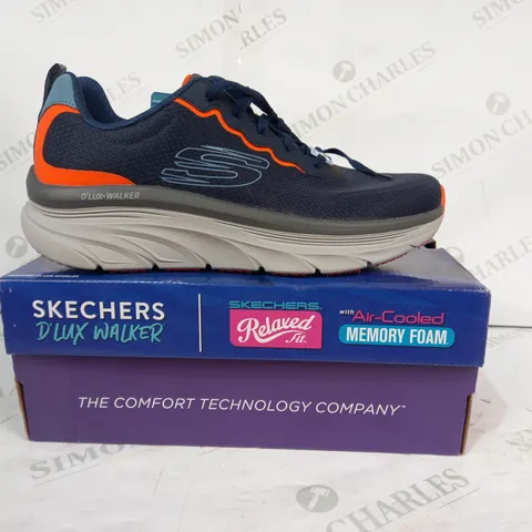 BOXED PAIR OF SKECHERS D'LUX WALKER TRAINERS IN NAVY/ORANGE UK SIZE 8