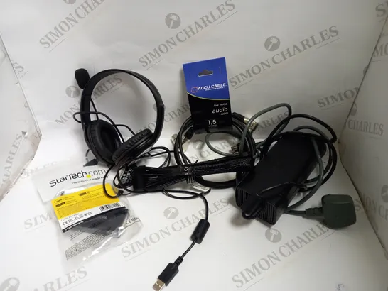 LOT OF APPROXIMATELY 20 ELECTRICALS AND CABLES TO INCLUDE STARTECH TRAVEL A/V ADAPTER, 12VHPWR PCI-E ADAPTER CABLE, MICROSOFT USB HEADSET, ETC