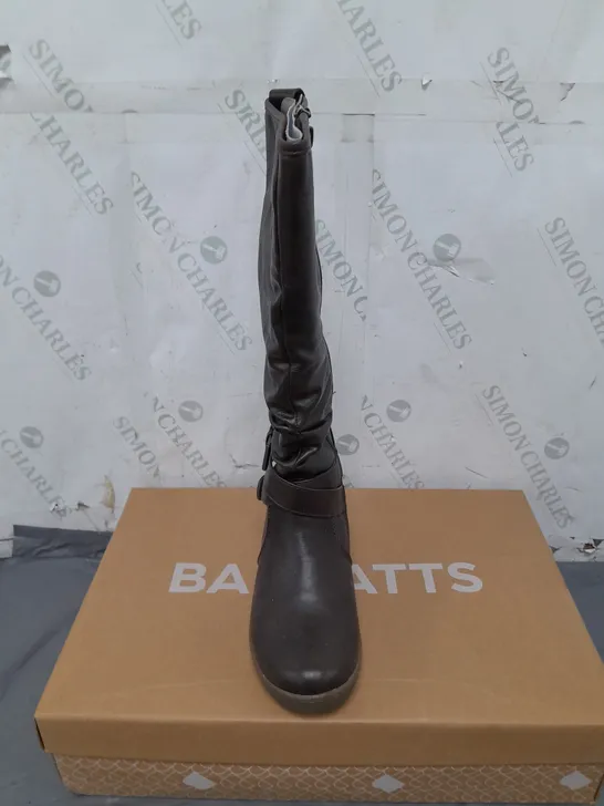 BOX OF APPROXIMATELY 8 BARRATTS STRAP AND ROUCHE WEDGE HIGH BOOTS SIZE 3