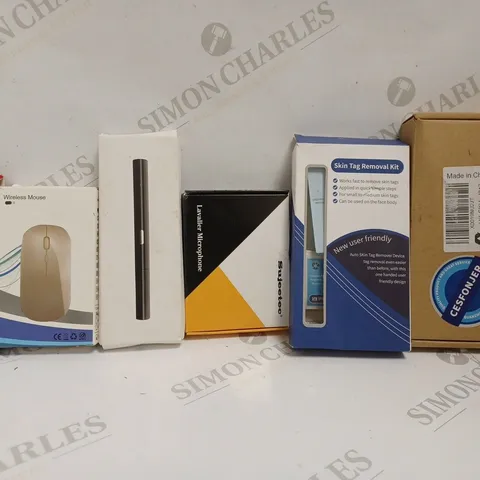 BOX OF APPROX 6 ASSORTED PRODUCTS TO INLCUDE WIRELESS MOUSE, LAVALIER MICROPHONE, PYREX GLASS TUBE VAPE TANK ACCESSORIES, ETC. 