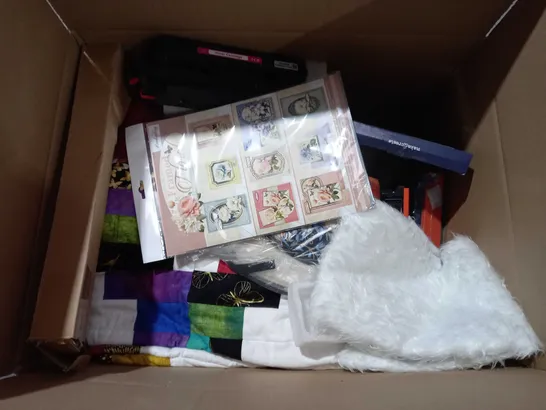 BOX OF APPROXIMATELY 15 ASSORTED ITEMS TO INCLUDE - MAKE CREATE MACRAME POT HOLDER - BLACK HOSE - PRINTER TONER CARTAGE  ECT