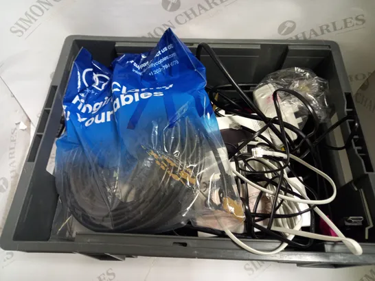 BOX OF APPROXIMATELY 15 ASSORTED ELECTRICALS & ELECTRICAL CABLES OF VARIOUS TYPES TO INCLUDE 50FT ETHERNET CABLE, LOGITECH B100 WIRED MOUSE, PORTABLE DOUBLE-BLADE SMALL FAN, ETC