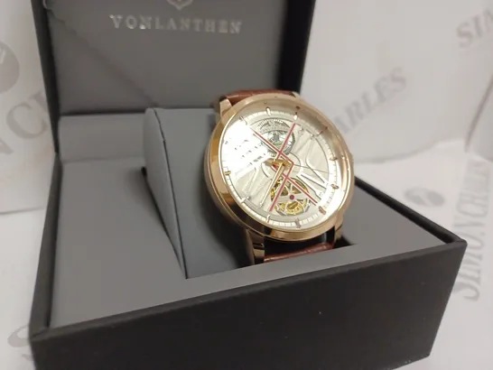 VONLANTHEN MENS AUTOMATIC WATCH - SILVER AND RED TEXTURED DIAL - ROSE GOLD CASE - LEATHER STRAP - DISPLAY BOX