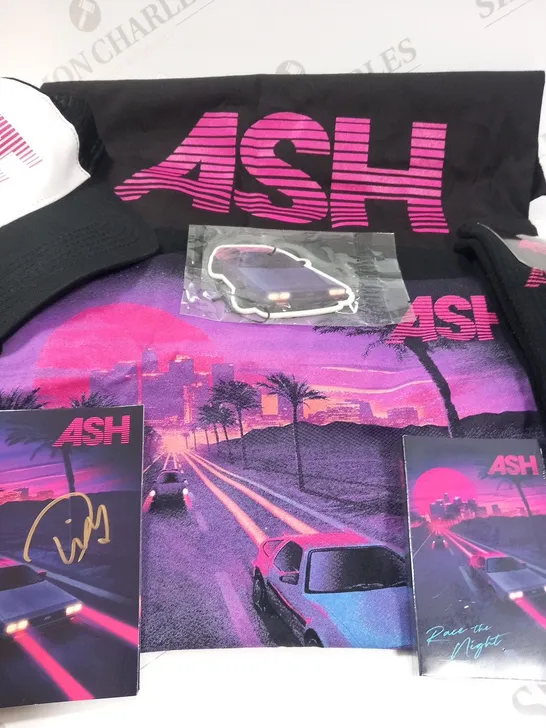 ASH RACE THE NIGHT ALBUM COLLECTION TO INCLUDE; SIGNED CD, PURPLE CASSETTE, ALBUM T-SHIRT, SOCKS, PINK LOGO TOTE BAG, TRUCKER CAP AND CAR AIR FRESHNER