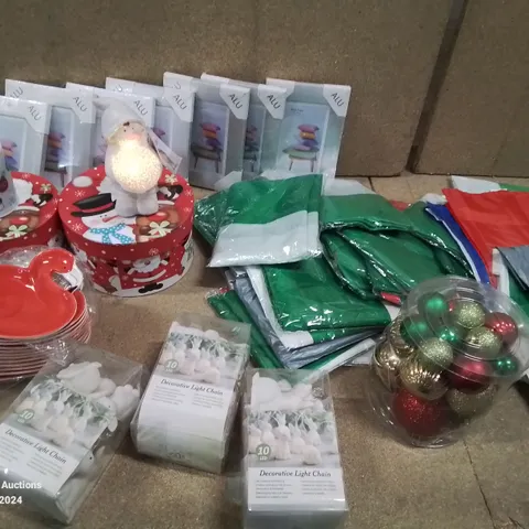 MIXED LOT CONTAINING VARIOUS ITEMS TO INCLUDE, CHRISTMAS BOXES, SELECTION OF FLAGS, FLAMINGO BUTTER/SOAP DISHES, DECORATIVE LIGHT CHAINS, 10X15CM PHOTO FRAMES ETC.