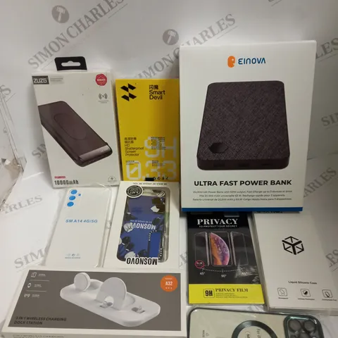 APPROXIMATELY 20 X ASSORTED PHONE ACCESSORIES. INCLUDES POWER BANKS, PHONE CASES, SCREEN PROTECTORS ETC 