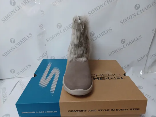 BOXED PAIR OF SKECHERS ON THE GO JOY MID SUEDE BOOTS, TAUPE - SIZE 5