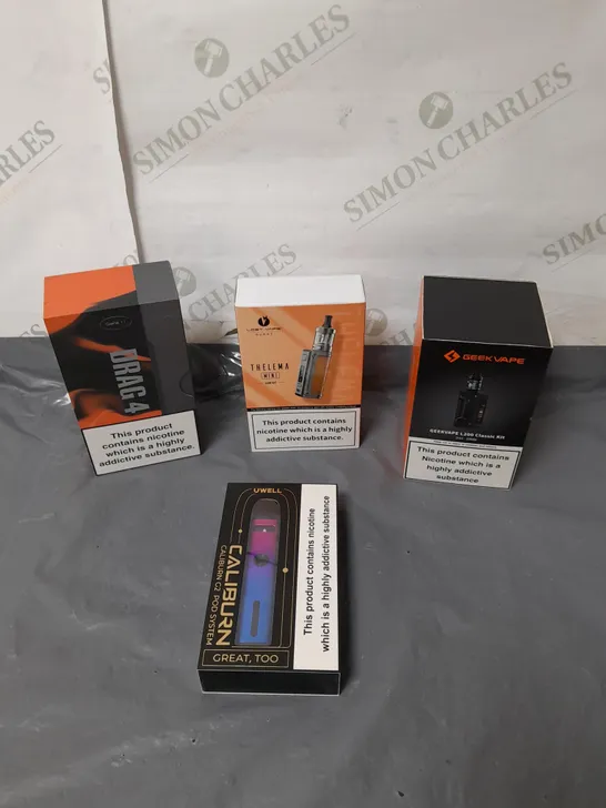 BOX OF APPROXIMATELY 20 ASSORTED E-CIGARATTES TO INCLUDE GEEKVAPE, CALIBURN, UWELL ETC