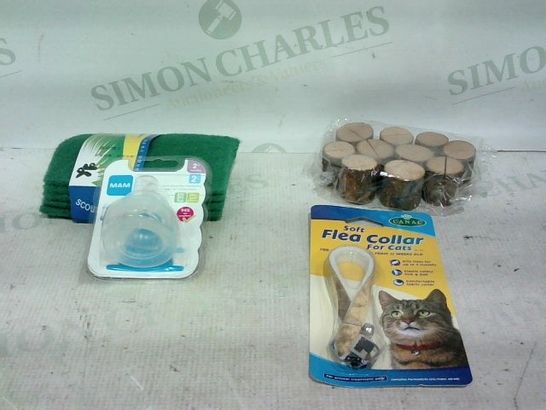 LOT OF APPROX. 20 ASSORTED ITEMS TO INCLUDE: PACKETS OF SCOURING PADS. SOFT FLEA COLLAR FOR CATS, TEAT 2+ MONTHS PACK 2