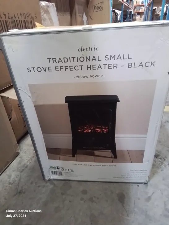 BOXED TRADITIONAL SMALL STOVE EFFECT HEATER - BLACK -