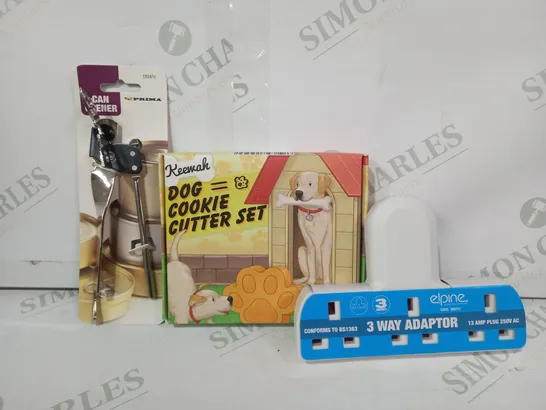 LOT OF APPROXIMATELY 10 ASSORTED HOUSEHOLD ITEMS TO INCLUDE ELPINE 3-WAY ADAPTER, DOG COOKIE CUTTER SET, CAN OPENER, ETC