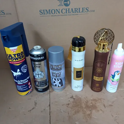 APPROXIMATELY 10 ASSORTED AEROSOLS TO INCLUDE PINK CRAZY FOAMING SOAP, ULTRA POWER WASP AND HORNET NEST KILLER, AND SILVER WHEEL SPRAY PAINT ETC.