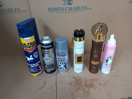 APPROXIMATELY 10 ASSORTED AEROSOLS TO INCLUDE PINK CRAZY FOAMING SOAP, ULTRA POWER WASP AND HORNET NEST KILLER, AND SILVER WHEEL SPRAY PAINT ETC.