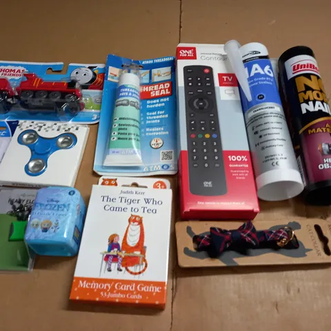 LOT OF ASSORTED HOUSEHOLD ITEMS TO INCLUDE ONE FOR ALL REMOTE, NO MORE NAILS AND BOW CAT COLLAR