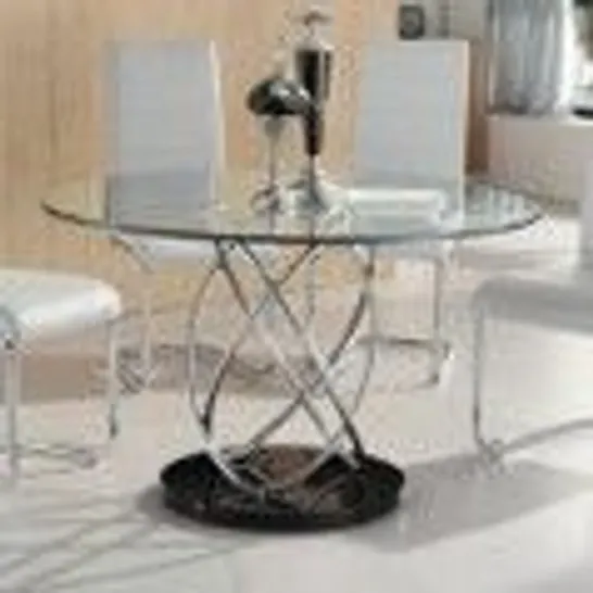 BOXED MARSEILLE GLASS DINING TABLE IN CLEAR WITH CHROME SUPPORTS (3 BOXES)