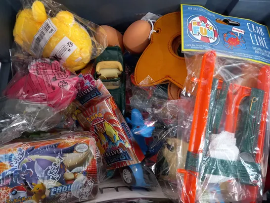 BOX OF APPROX 20 ASSORTED ITEMS TO INCLUDE - CRAB LINE - BOUNCY EGGS - POKEMON CROWN ZENITH CARDS ECT 