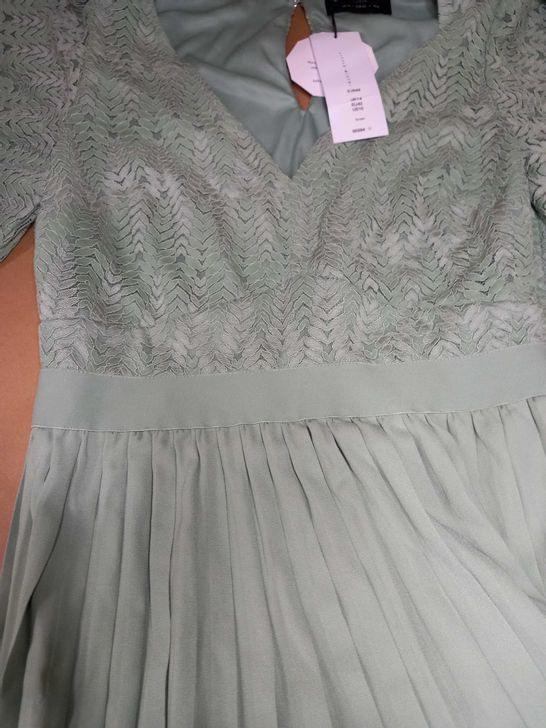 LITTLE MISSTRESS SAGE PLEATED/LACE STYLE DETAILED DRESS - SIZE 14