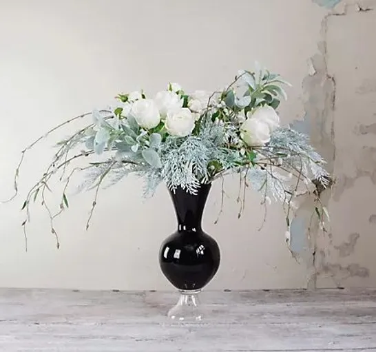 PEONY WHITE ROSES WINTER PINE AND PUSSY WILLOW IN A VASE