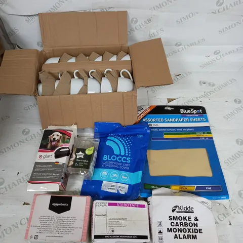 LARGE BOX OF APPROXIMATELY 25 ASSORTED HOUSEHOLD GOODS TO INCLUDE CUP SET, PET CLEANING BRUSH, AMAZON REVISION CARDS, AND SANDPAPER SHEETS ETC.