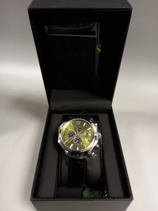 BOXED GAMAGES OPULENCE STEEL GREEN DIAL WATCH 