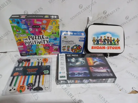 LARGE BOX OF ASSORTED TOYS AND GAMES TO INCLUDE TEDDIES, JIGSAWS AND COLORED PENCILS