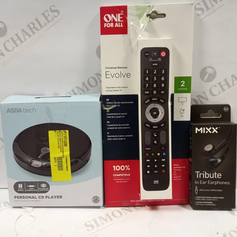 BOX OF APPROXIMATELY 30 ASSORTED ELECTRICALS TO INCLUDE PERSONAL CD PLAYER, ONE FOR ALL UNIVERSAL REMOTE EVOLVE, MIXX TRIBUTE IN EAR EARPHONES, ETC