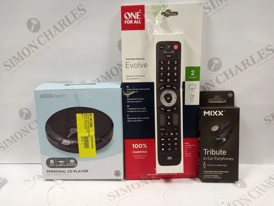 BOX OF APPROXIMATELY 30 ASSORTED ELECTRICALS TO INCLUDE PERSONAL CD PLAYER, ONE FOR ALL UNIVERSAL REMOTE EVOLVE, MIXX TRIBUTE IN EAR EARPHONES, ETC