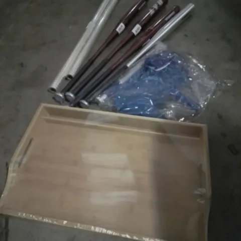 PALLET OF ASSORTED ITEMS TO INCLUDE, METAL BASEBALL BATS, CELLAPHANE ROLLS, BAMBOO BUTLERS TRAY, POND NET.