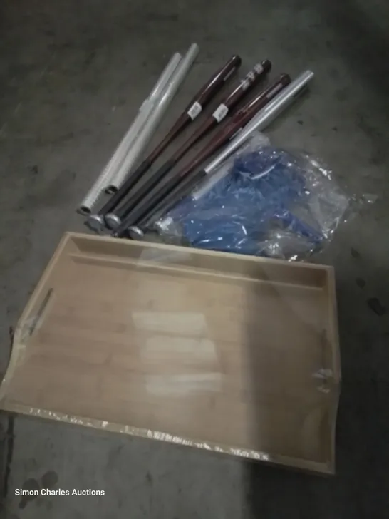 PALLET OF ASSORTED ITEMS TO INCLUDE, METAL BASEBALL BATS, CELLAPHANE ROLLS, BAMBOO BUTLERS TRAY, POND NET.