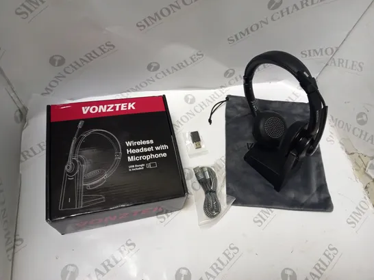 BOXED VONZTEK WIRELESS HEADSET & MICROPHONE WITH CHARGING BASE, CARRY BAG, USB DONGLE, USB CABLE AND INSTRUCTIONS 