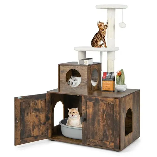 BOXED COSTWAY 2-IN-1 WOODEN LITTER BOX ENCLOSURE WITH CAT TREE HIDDEN WASHROOM FURNITURE - BROWN