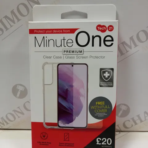 BOX OF APPROX 20 TECH 21 MINUTE ONE PREMIUM PHONE CASE AND SCREEN PROTECTOR FOR ASSORTED PHONES
