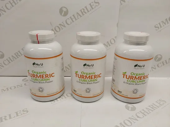 APPROXIMATELY 3 BOTTLES OF NU U ORGANIC TUMERIC CURCUMIN & ORGANIC BLACK PEPPER NUTRITION VEGAN CAPSULES - 365 CAPSULES PER BOTTLE // BEST BEFORE: 07/26