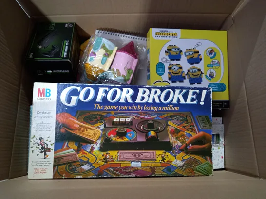 BOX OF APPROX 25 ASSORTED TOYS TO INCLUDE - ARABIC ALPHABET - MINIONS THE RISE OF GRU - MB GAMES GO FOR BROKE ECT 