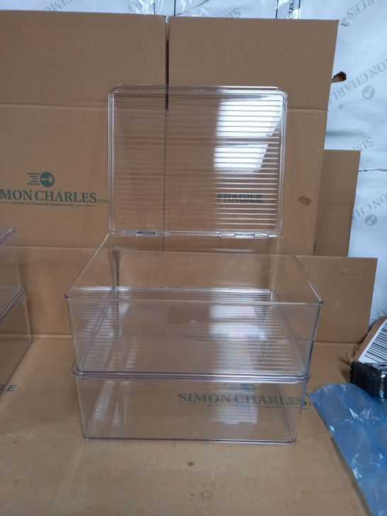 SET OF 2 CLEAR, PERSPEX STACKABLE BOXES WITH HINGED LIDS - 29X33X13