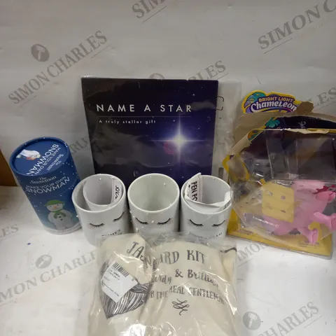 BOX OF 7 ASSORTED HOUSEHOLD ITEMS TO INCLUDE PERSONALISED CERAMIC CONTAINERS, NAME A STAR, PERSONALISED BEARD KIT ETC