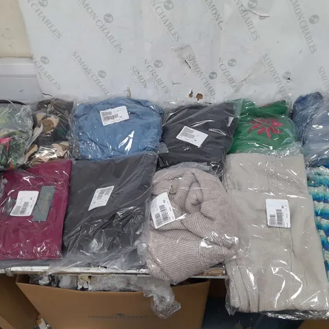 BOX OF APPROXIMATELY 10 ASSORTED BAGGED CLOTHING PIECES IN VARIOUS STYLES AND SIZES 