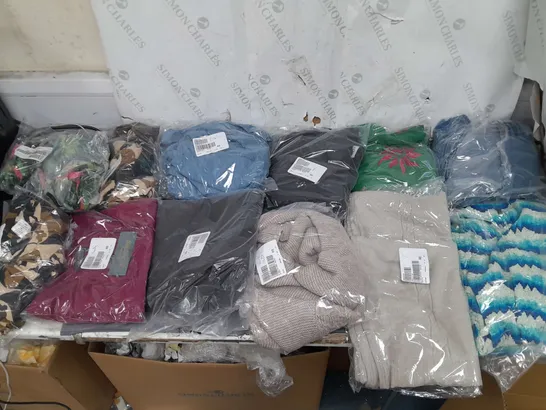 BOX OF APPROXIMATELY 10 ASSORTED BAGGED CLOTHING PIECES IN VARIOUS STYLES AND SIZES 