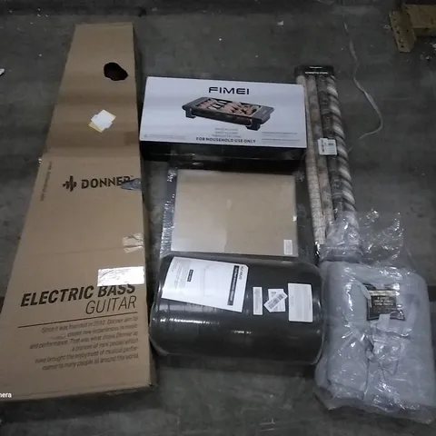 PALLET OF ASSORTED ITEMS INCLUDING ELECTRIC BASS GUITAR, WRAPPING PAPER, A4 PICTURE FRAME, HUANUO FOOT REST, SUPER JUMBO BATH SHEETS, FLIMEI ELECTRIC GRILL