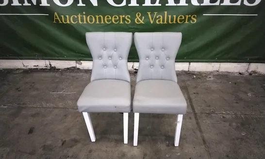 PAIR OF BEWLEY LIGHT GREY LEATHER BUTTON BACK DINING CHAIRS WITH WHITE LEGS