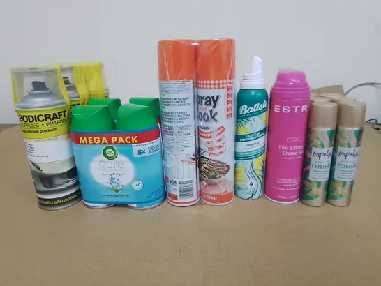 LOT OF ASSORTED HOME AEROSOLS TO INCLUDE SPRAY & COOK, AIR WICK TWIN REFILL AND IMPULSE MUSK