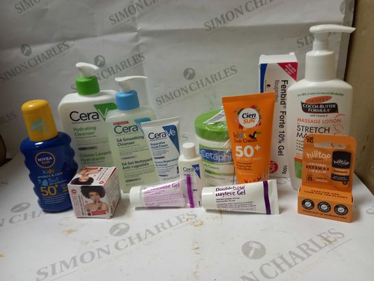 LOT OF APPROX 12 ASSORTED SKINCARE PRODUCTS TO INCLUDE CERA VE HYDRATING CLEANSER, HILLTOP LIP BALM, NIVEA KIDS SUN CREAM, ETC