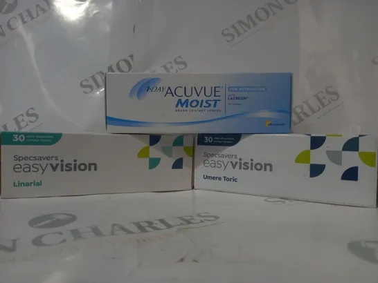 APPROXIMATELY 20 ASSORTED HOUSEHOLD ITEMS TO INCLUDE ACUVUE MOIST CONTACT LENSES, EASY VISION CONTACT LENSES, ETC