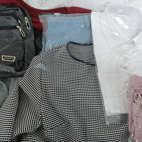 BOX TO INCLUDE 50 ASSORTED CLOTHING ITEMS TOO INCLUDE TOPS , TROUSERS AND DRESSES , ETC 