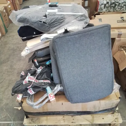 A PALLET OF VARIOUS FURNITURE PARTS GAMING CHAIRS AND ELECTRONIC HOUSEHOLD ITEMS